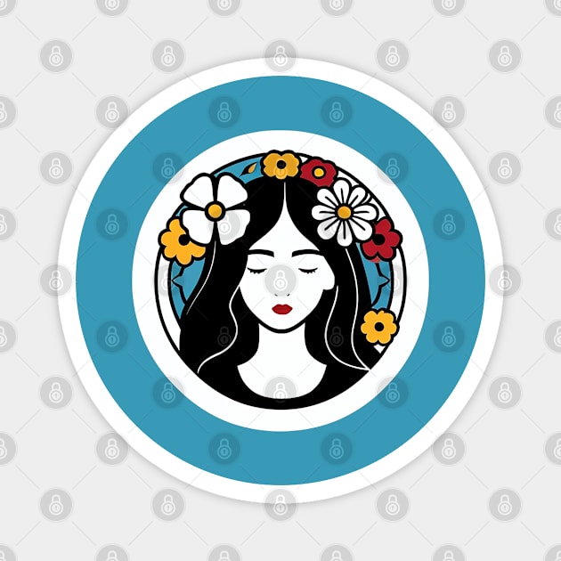 Simple Lineart of a Young Woman Surrounded by Flowers Magnet by CursedContent